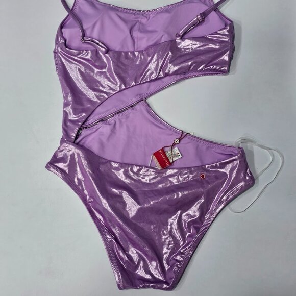 Red Carter Shimmer Asymmetric-Button One-Piece Swimsuit - Picture 9 of 10